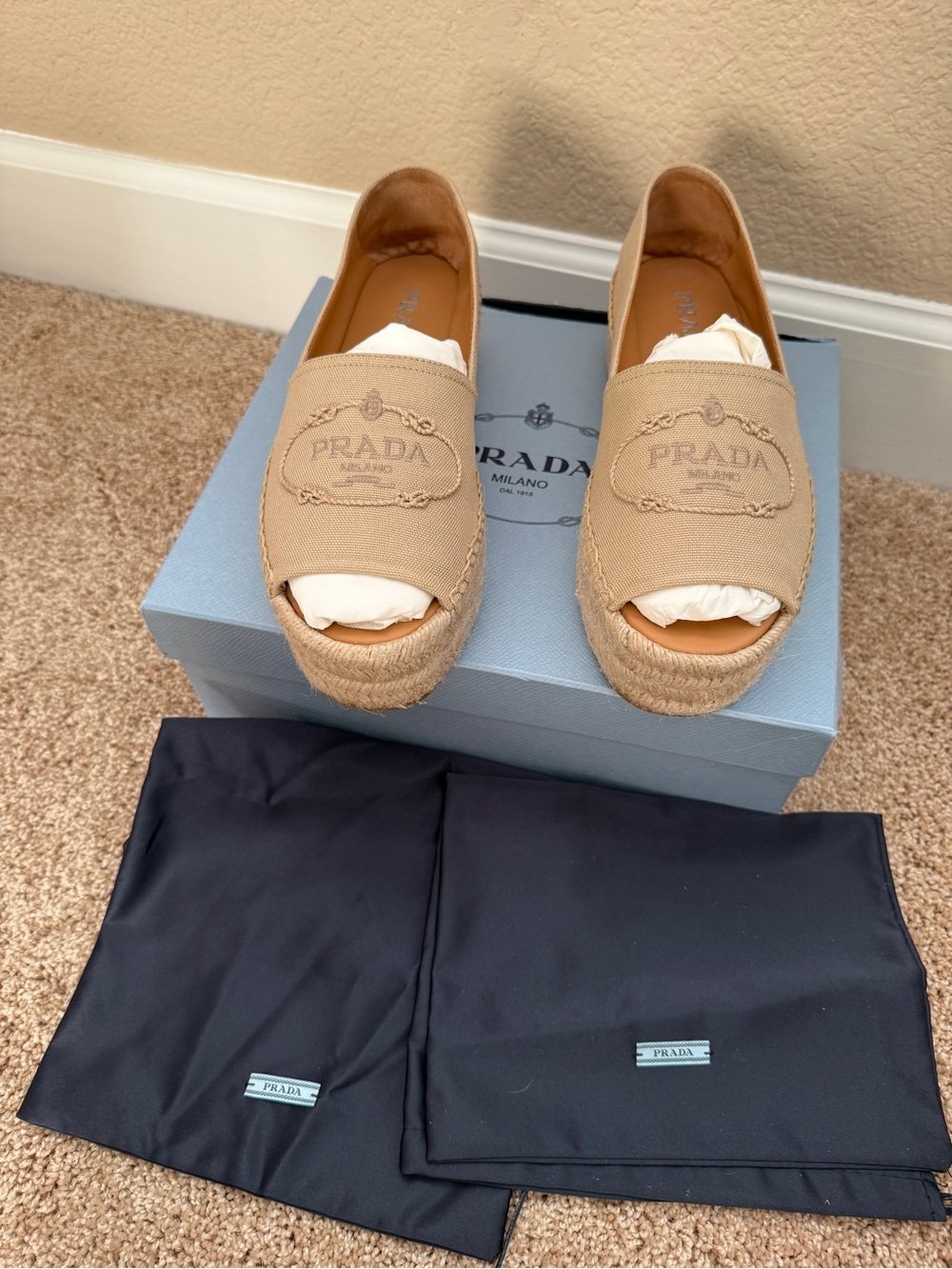 Prada Corda Canvas Platform Espadrilles Peep Toe Size 40 Box Dust Bags